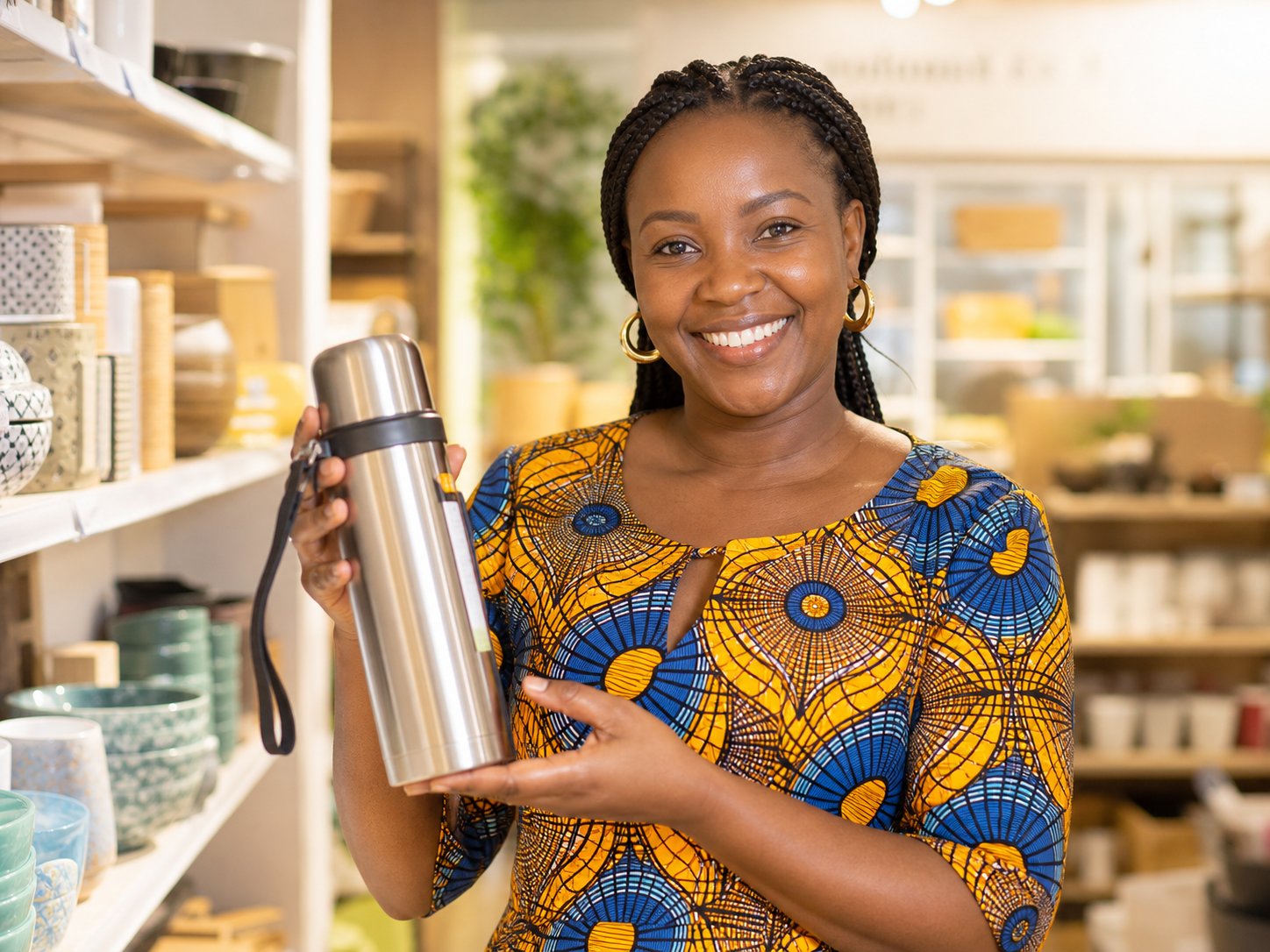 Happy customer holding her new stainless steel vacuum flask