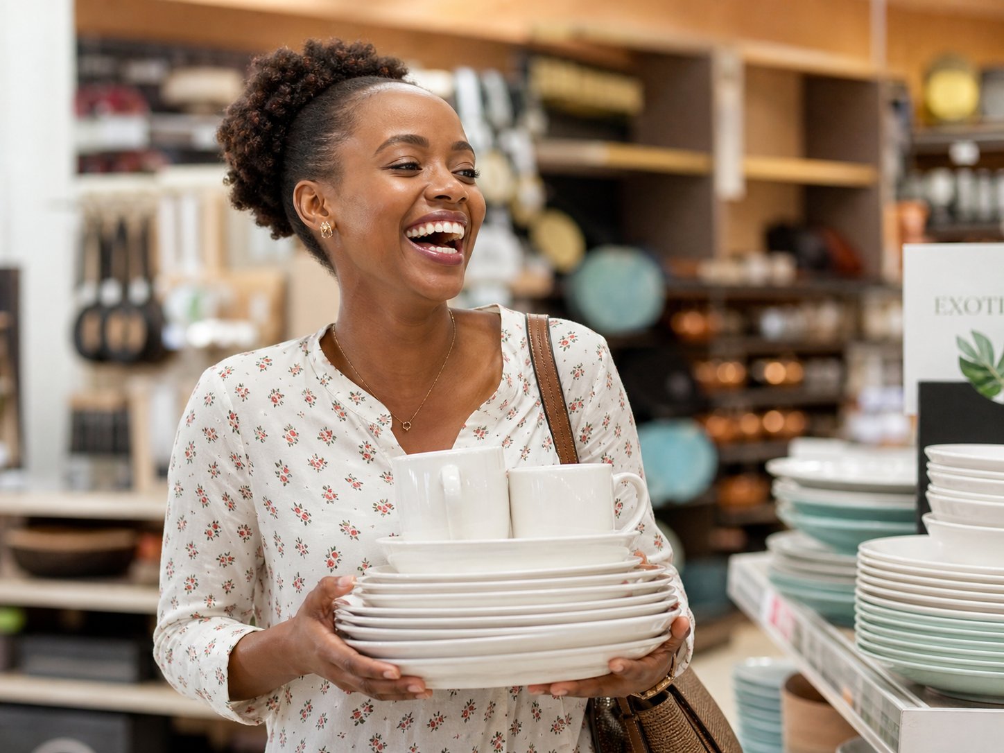 Smiling customer carrying her new dinner plates and mugs
