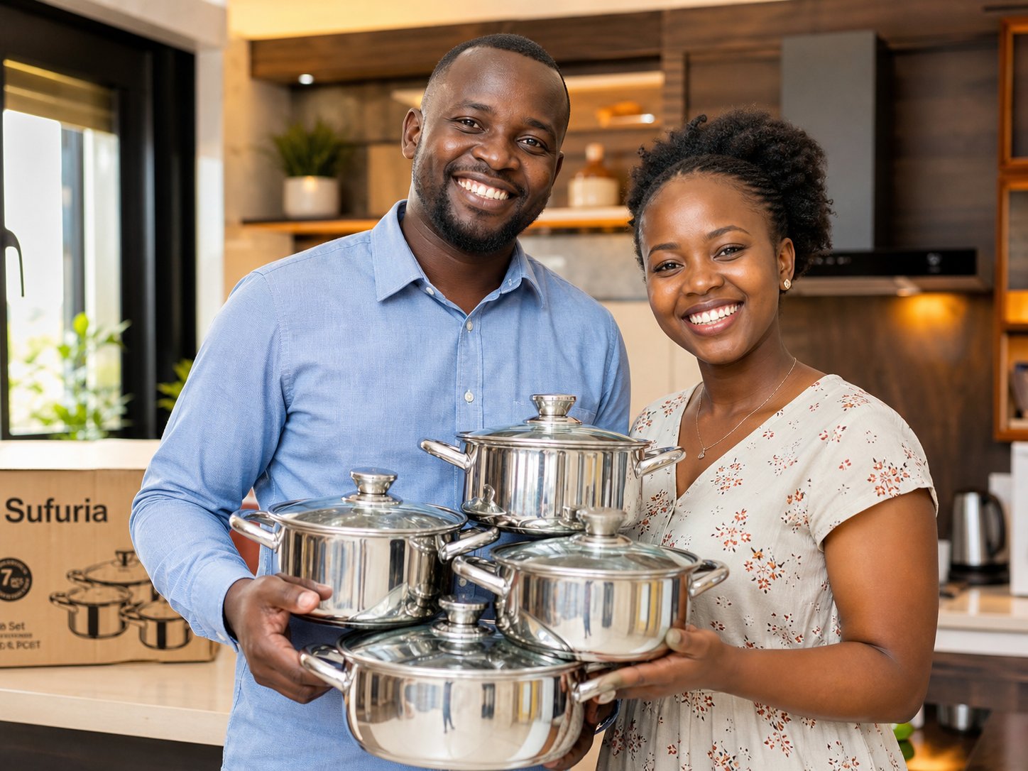 Happy couple holding their new cooking pots set