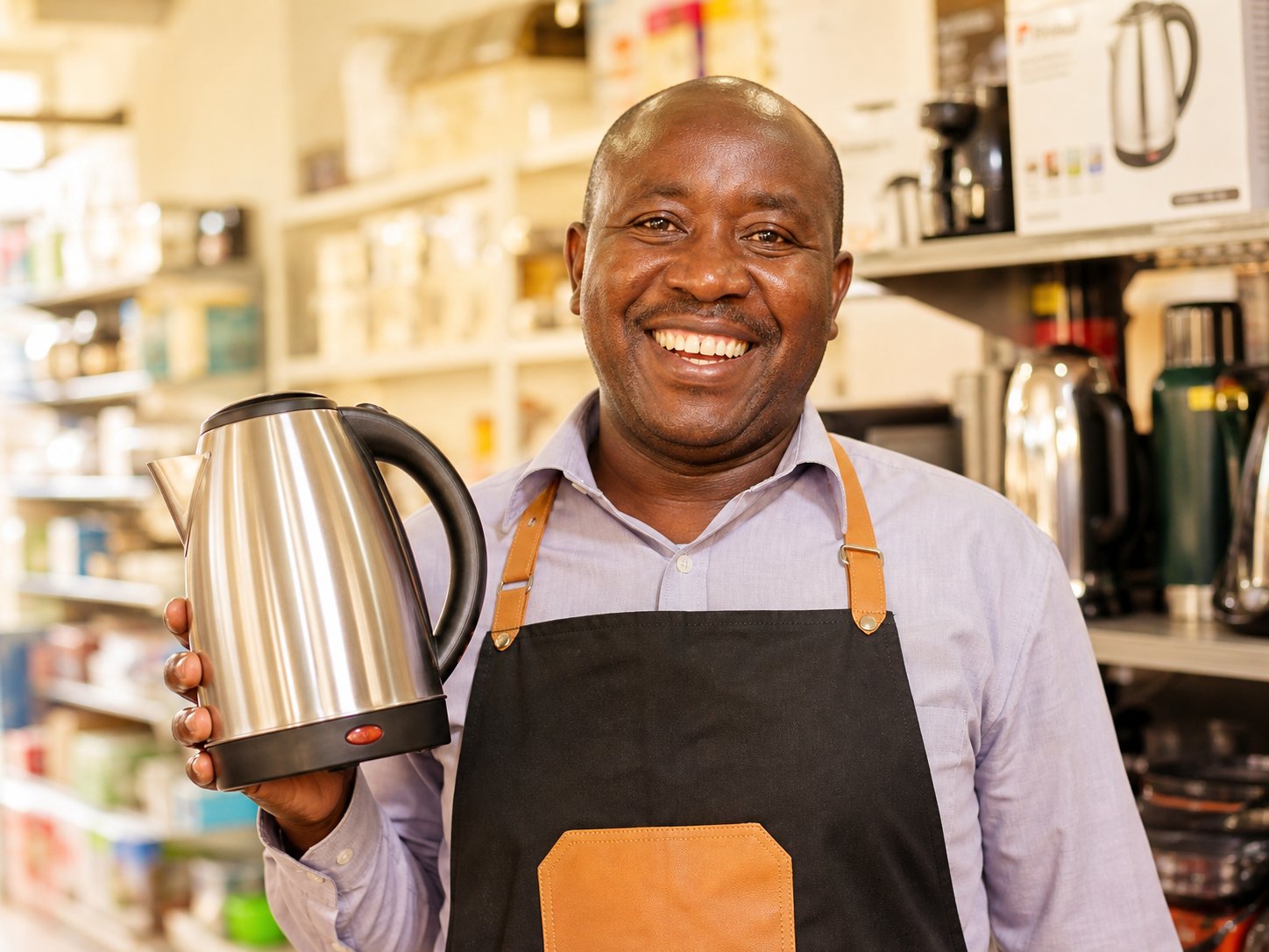 Delighted customer holding his new electric kettle
